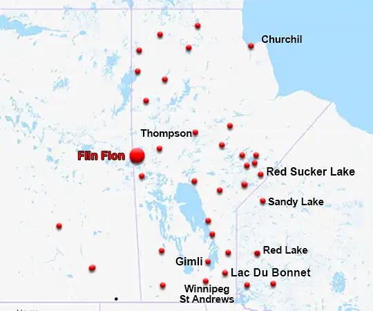 Map showing the location of Flin Flon in Manitoba